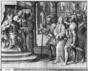 Leben Christi, Christus vor Pontius Pilatus, Vorbereitungsstudie für den Wandteppich in der Kirche Saint-Merri in Paris, ca. 1585-90